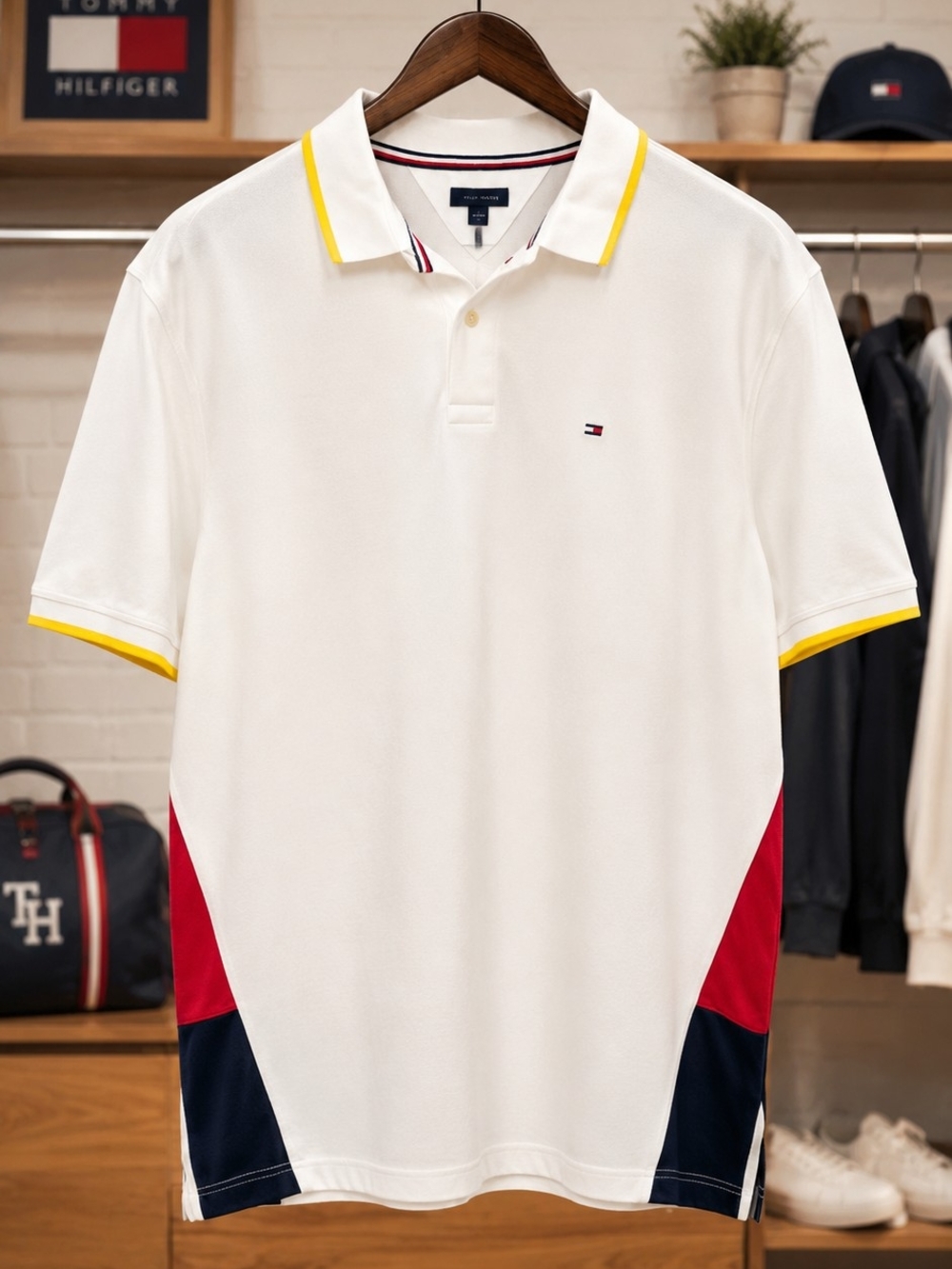 Tommy Hilfiger White Polo with Yellow Trim and Red & Navy Panels
